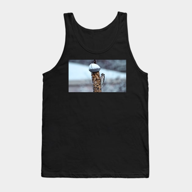 Winter Downy Woodpecker Peanut Bird Feeder Tank Top by BackyardBirder